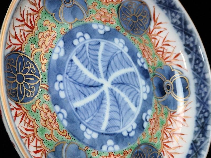 大聖寺古伊万里　金襴手　丸紋に笹の図　４寸皿　４枚　094AS-CAn