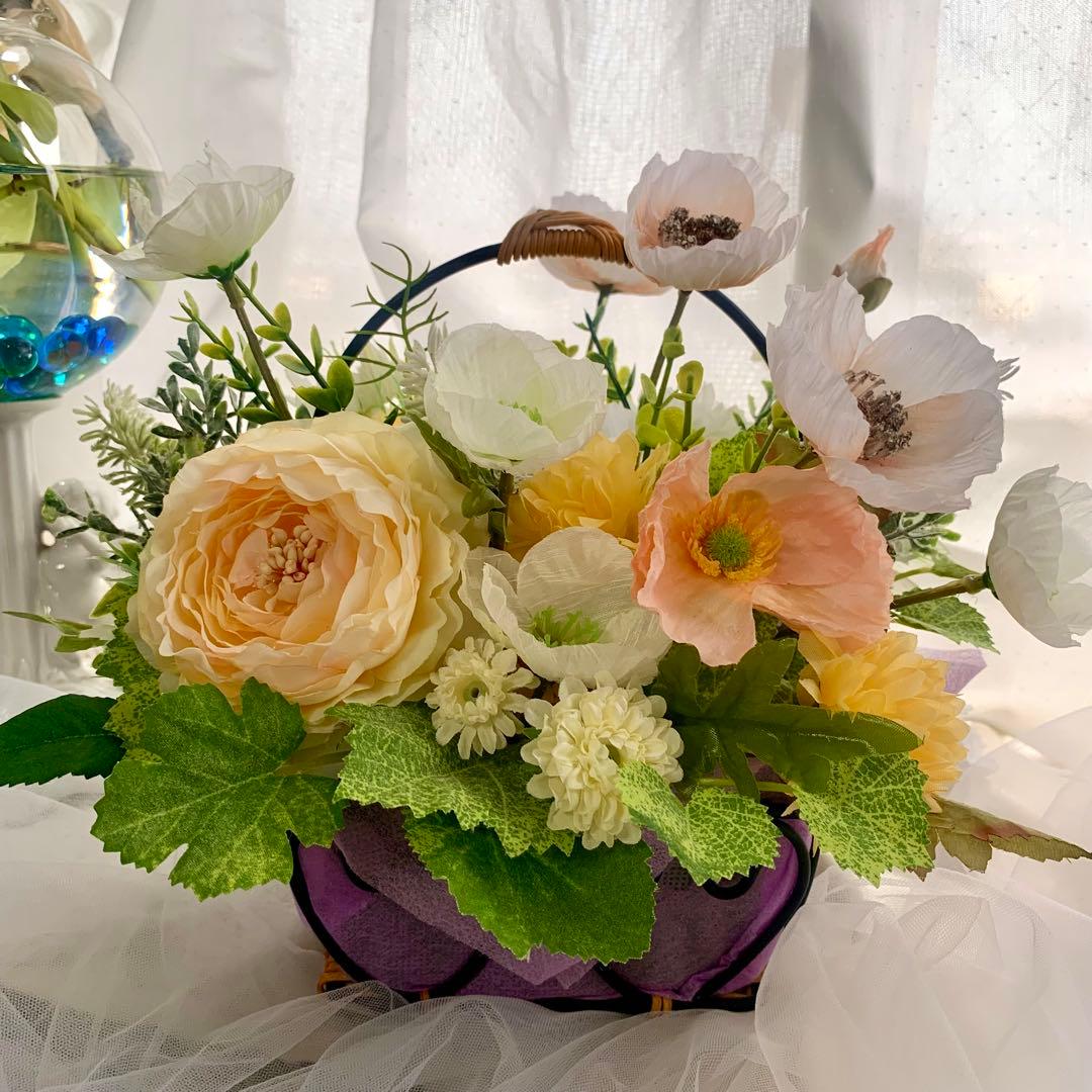 造花アレンジメント バスケット　フラワーアレンジ　ポピー　初夏インテリア　ギフト