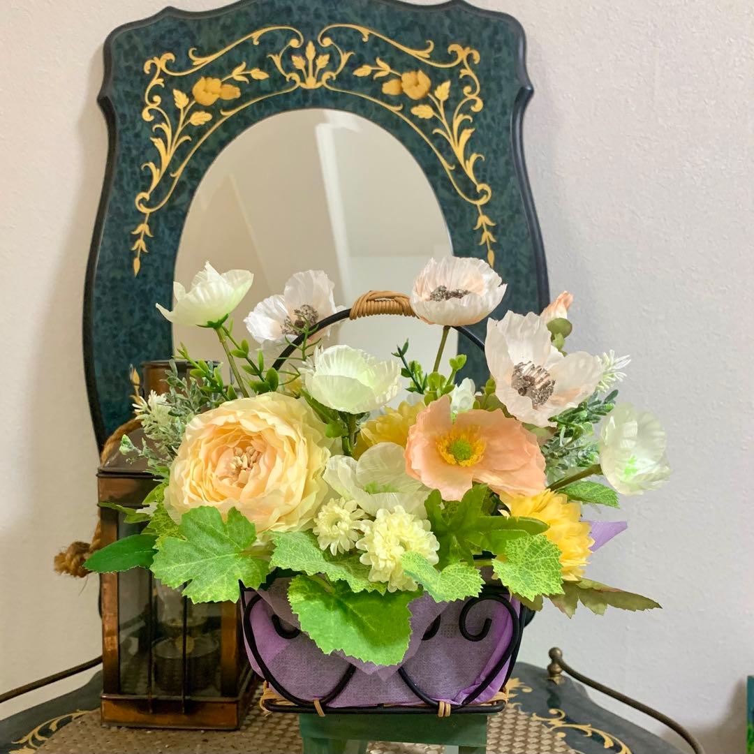 造花アレンジメント バスケット　フラワーアレンジ　ポピー　初夏インテリア　ギフト