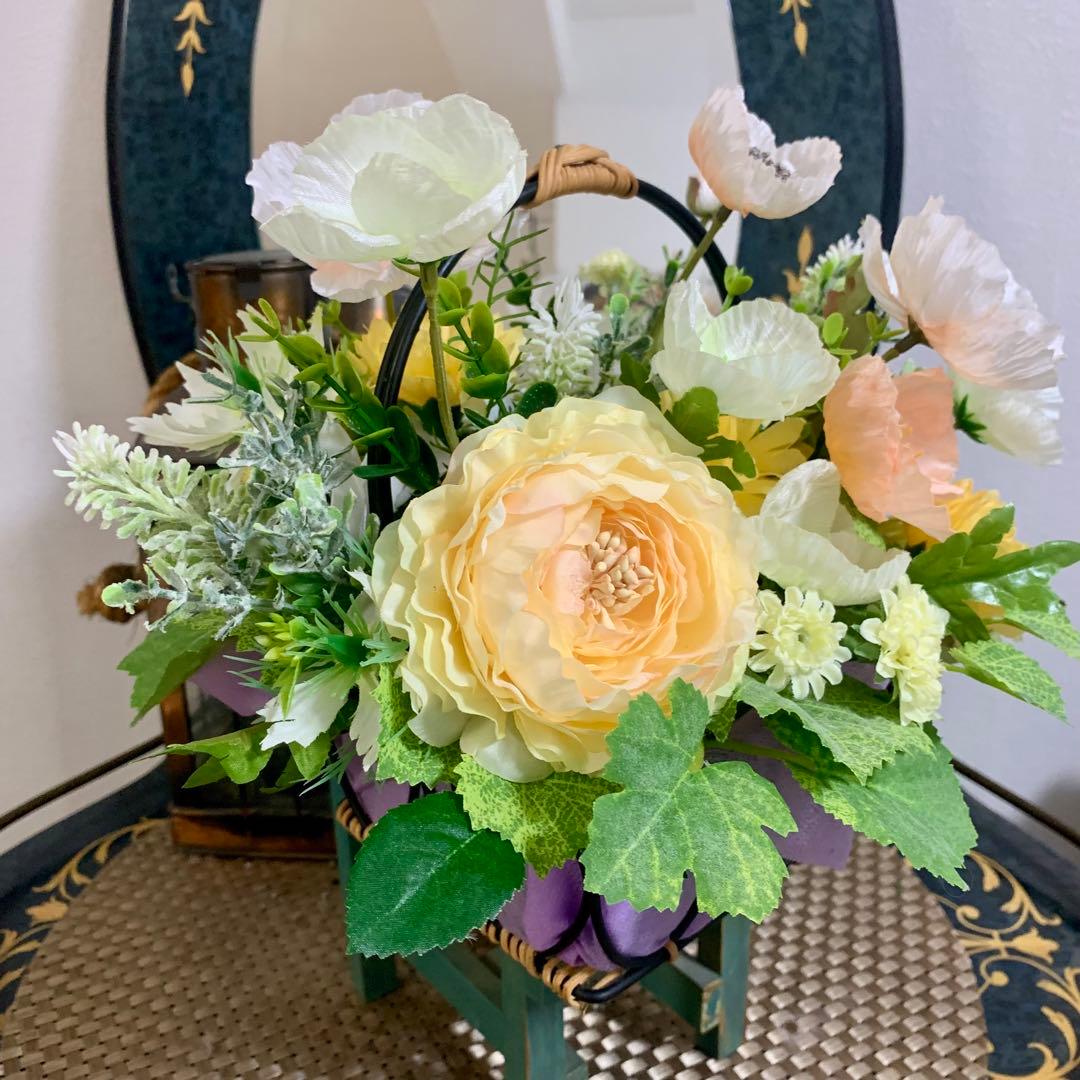 造花アレンジメント バスケット　フラワーアレンジ　ポピー　初夏インテリア　ギフト