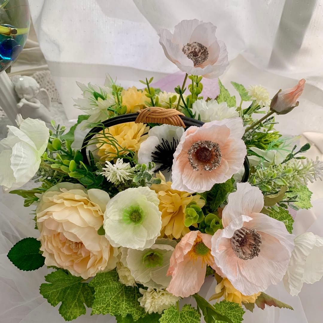 造花アレンジメント バスケット　フラワーアレンジ　ポピー　初夏インテリア　ギフト