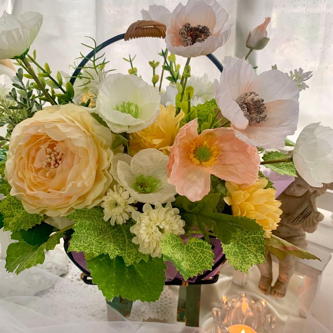 造花アレンジメント バスケット　フラワーアレンジ　ポピー　初夏インテリア　ギフト