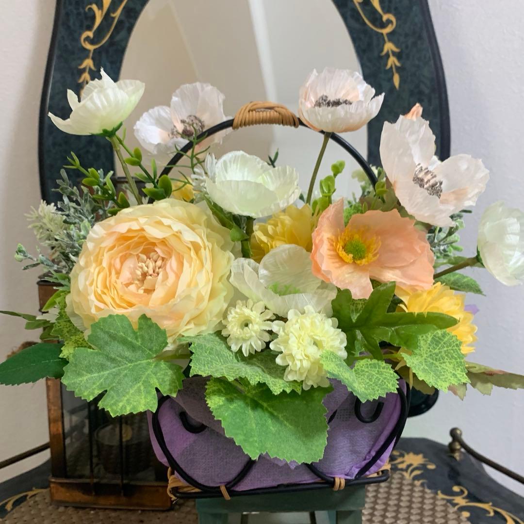 造花アレンジメント バスケット　フラワーアレンジ　ポピー　初夏インテリア　ギフト
