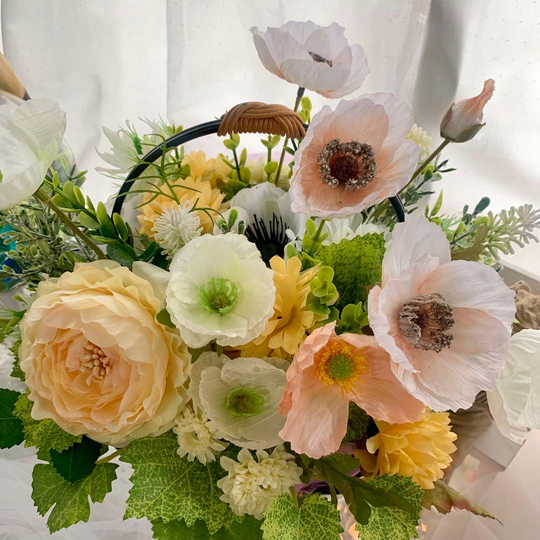 造花アレンジメント バスケット　フラワーアレンジ　ポピー　初夏インテリア　ギフト