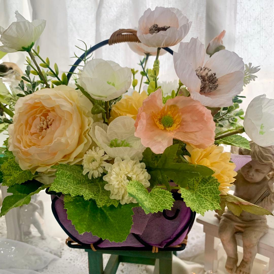 造花アレンジメント バスケット　フラワーアレンジ　ポピー　初夏インテリア　ギフト