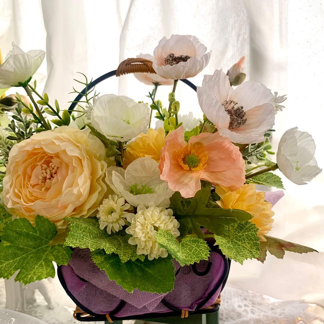 造花アレンジメント バスケット　フラワーアレンジ　ポピー　初夏インテリア　ギフト