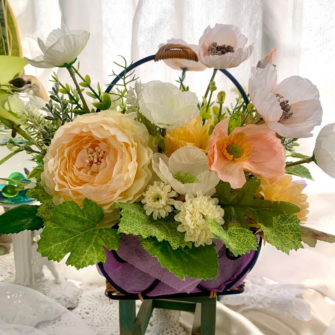 造花アレンジメント バスケット　フラワーアレンジ　ポピー　初夏インテリア　ギフト