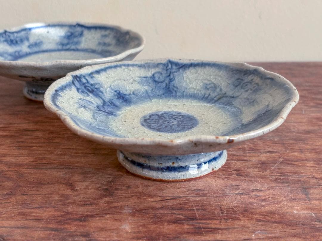 イムサエム　高台皿　花柄輪花　２客セット　未使用品