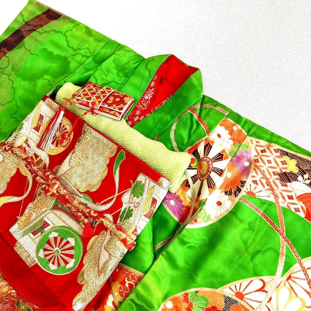 セット　七五三　7歳女の子　長着＆袋帯＆長襦袢＆小物　緑　源氏車金糸青海波　地紋