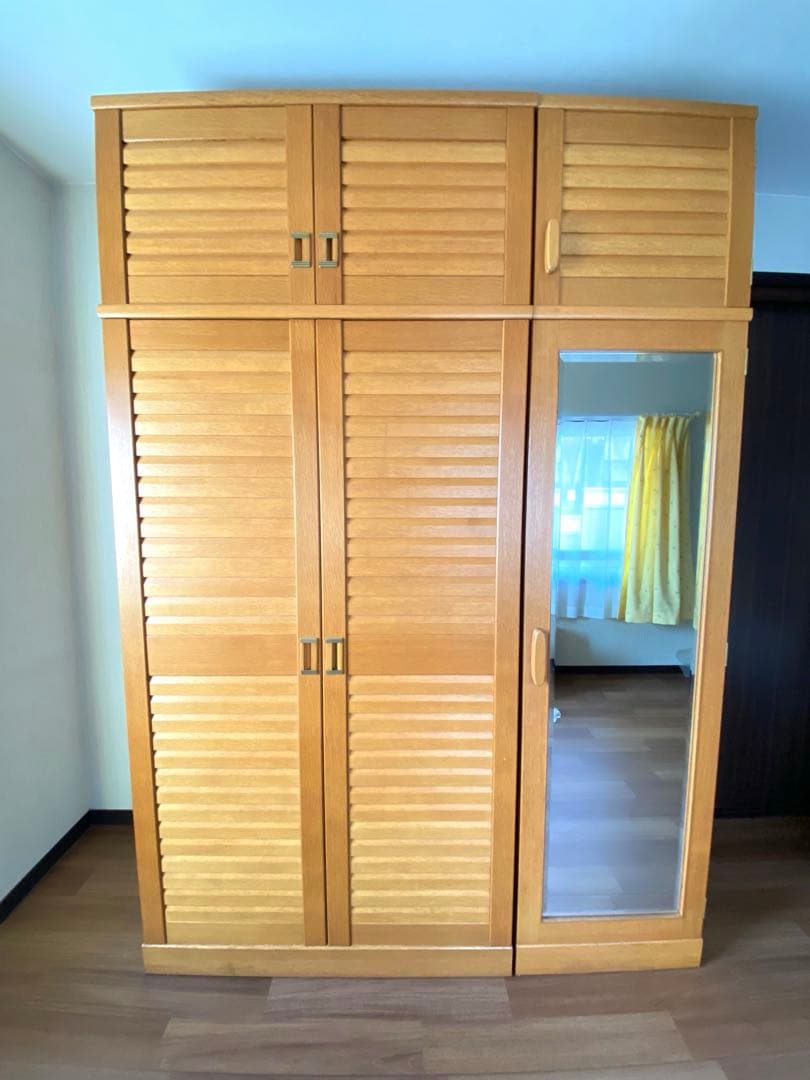ミラー付き木製ワードローブ収納 クローゼット 洋服箪笥 ハンガーラック洋服収納①