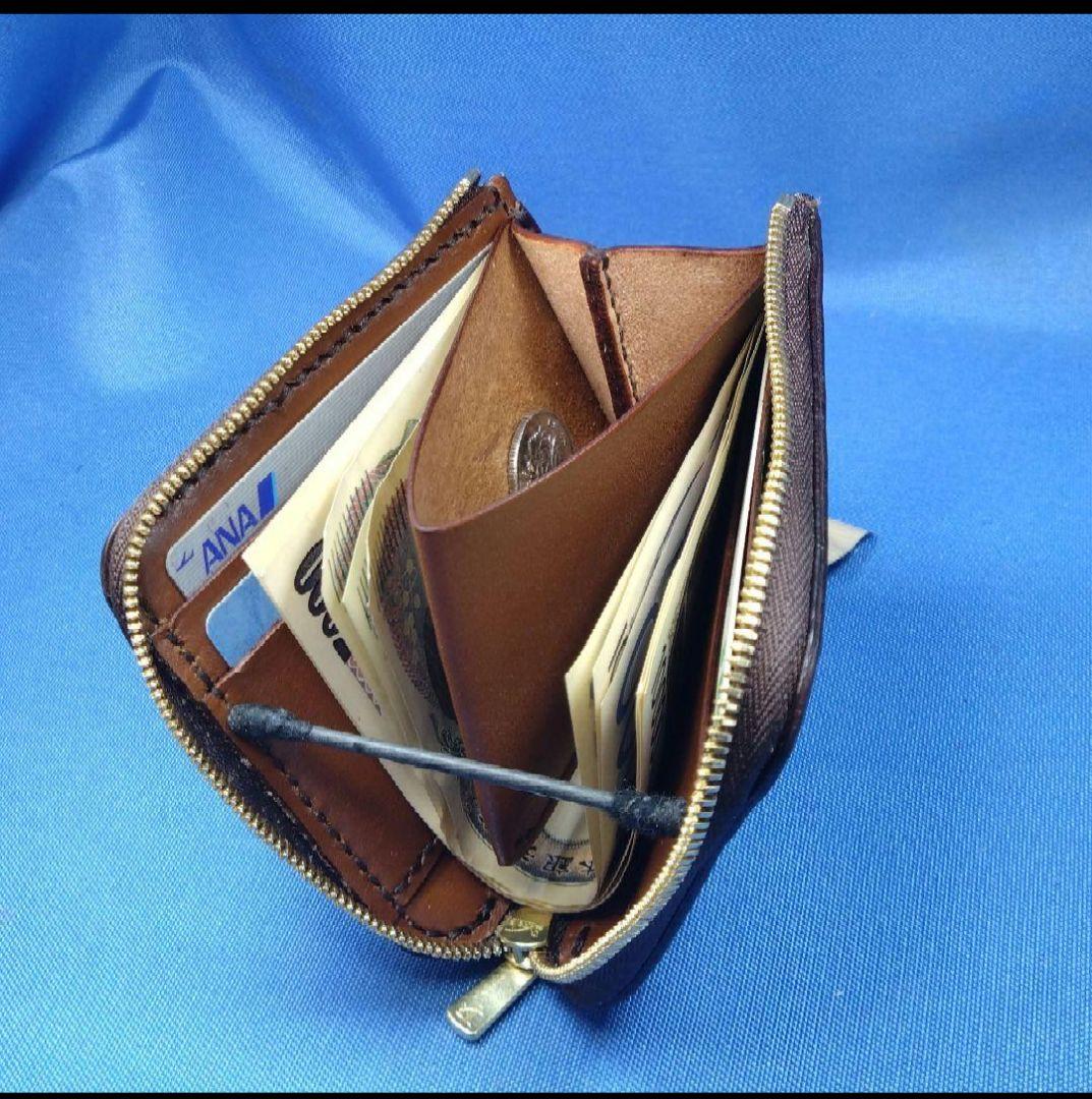 特注品 コードバン蝋引き革 焦茶色 L字ファスナー財布★HG【受注製作】