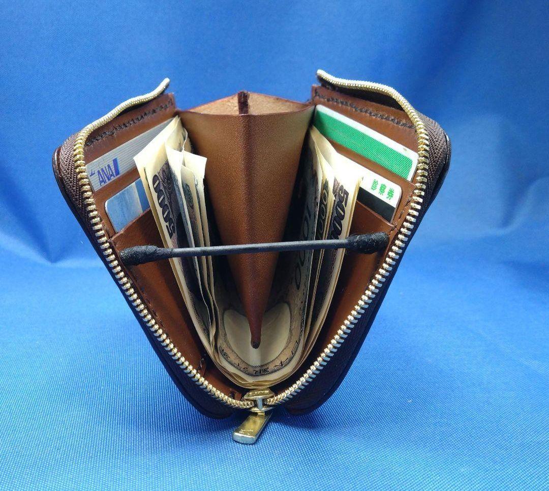 特注品 コードバン蝋引き革 焦茶色 L字ファスナー財布★HG【受注製作】