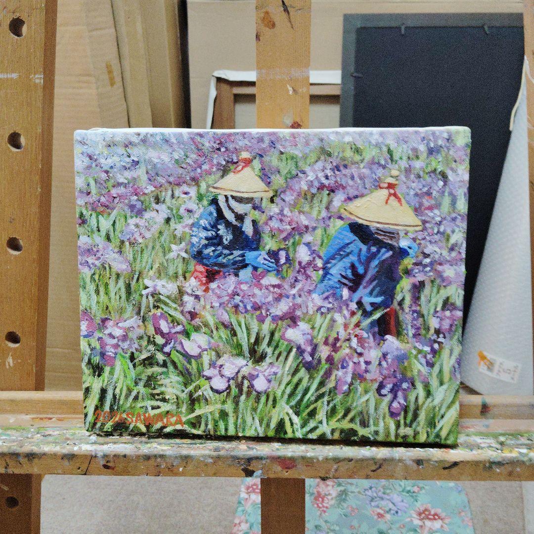 アヤメを手入れするアヤメ娘、F3号油絵、佐原聖春