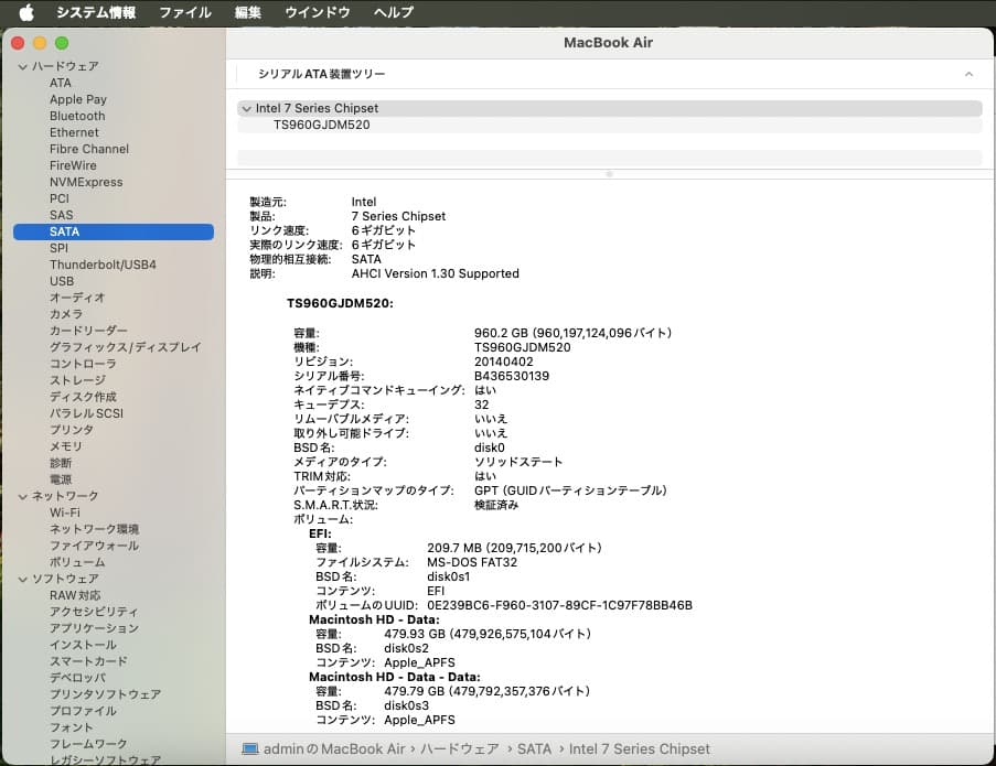 MacBook Air 2012 専用 Transcend SSD 960GB