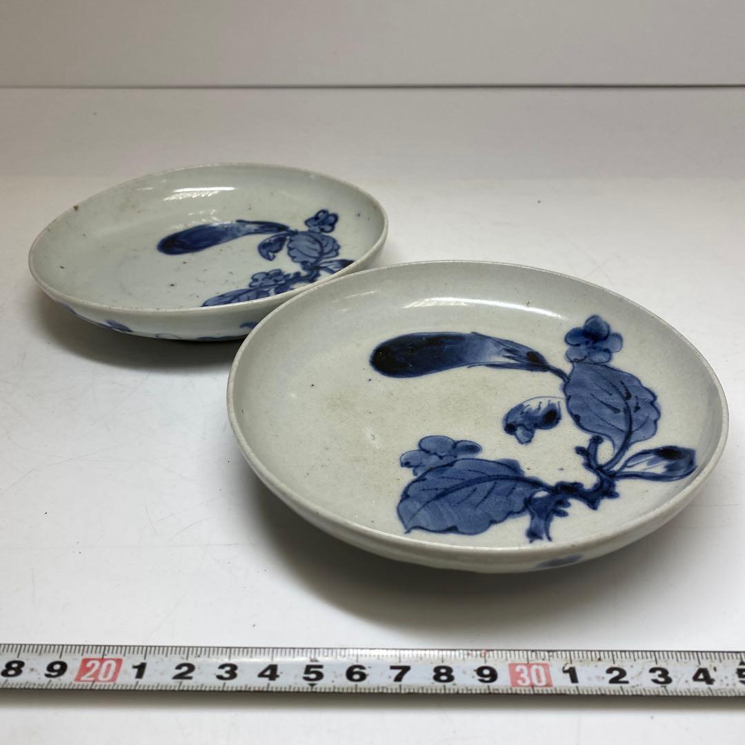 江戸中期 藍九谷ナスの図 中皿 幅約14.4cm東R8-0213①