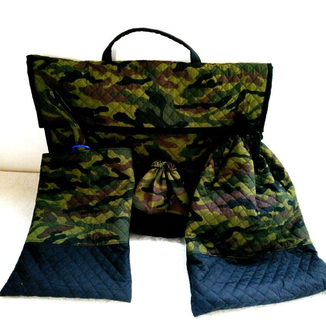 ハンドメイド オーダー 迷彩柄 キルト レッスンバッグ 上履き入れ