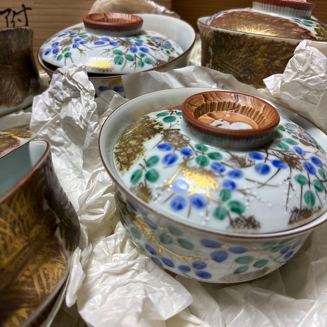 未使用 平安 瑞光作 金彩柴垣 蓋向附 5客セット 清水焼 茶道 希少