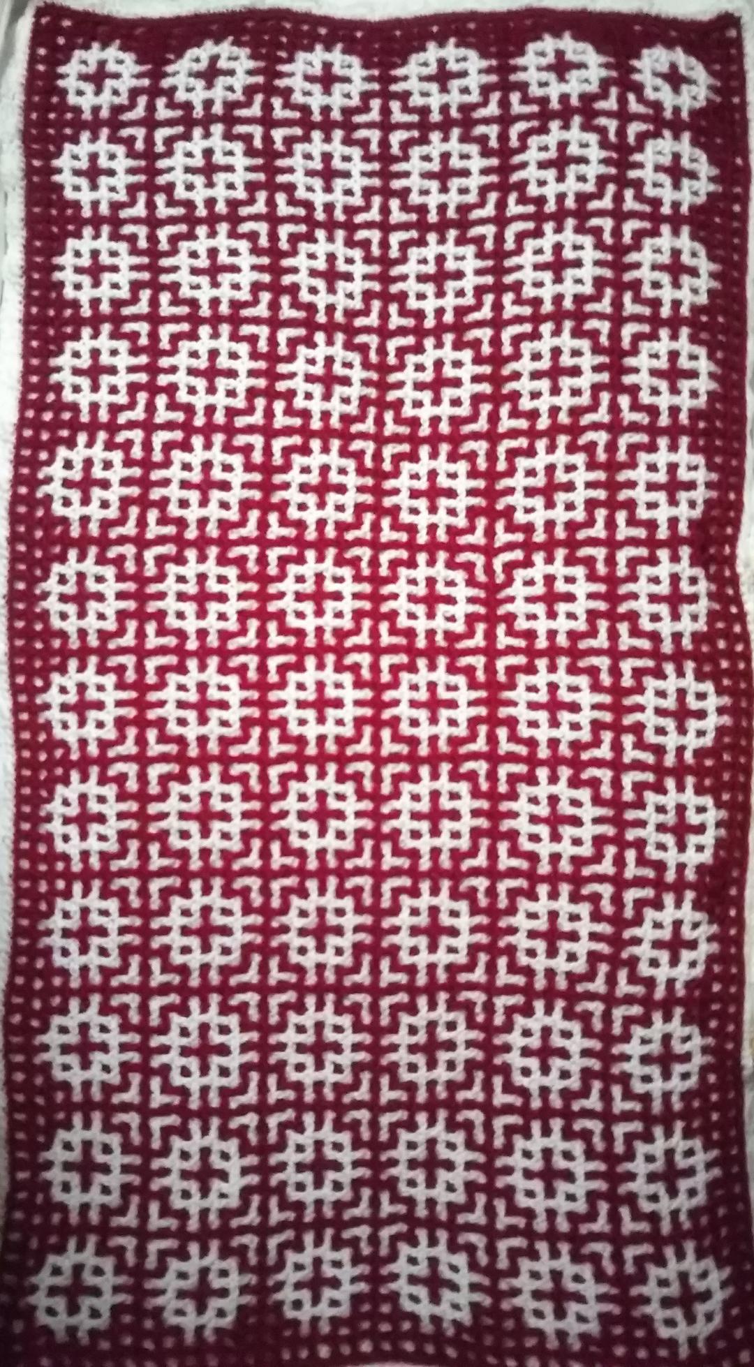 手編み 白いお花＆赤いお花柄のリバーシブルブランケット ひざ掛け 大判