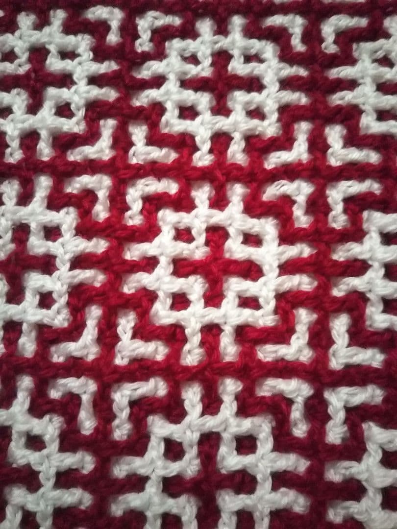手編み 白いお花＆赤いお花柄のリバーシブルブランケット ひざ掛け 大判