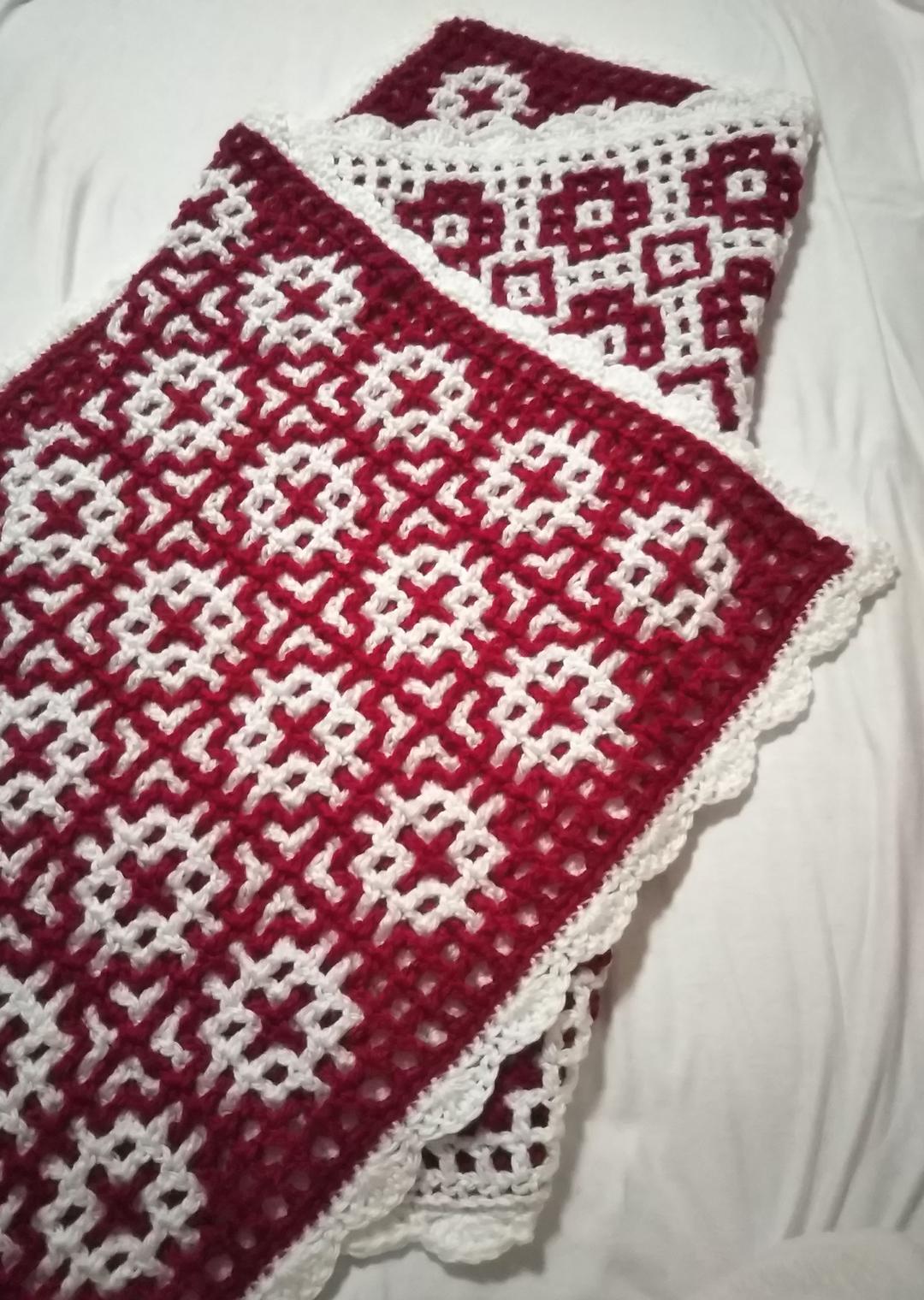 手編み 白いお花＆赤いお花柄のリバーシブルブランケット ひざ掛け 大判