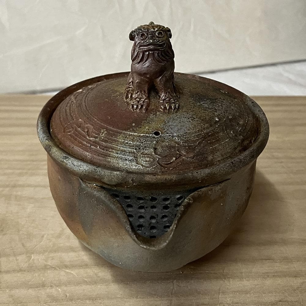 y045 明光窯 備前焼 宝瓶 獅子摘み 共箱 未使用 急須 茶道具