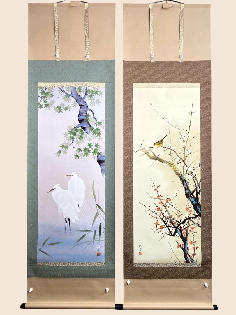 長江桂舟【印刷】『春夏秋冬』四幅対 絹本 共箱 花鳥図 高精細巧芸画 掛軸