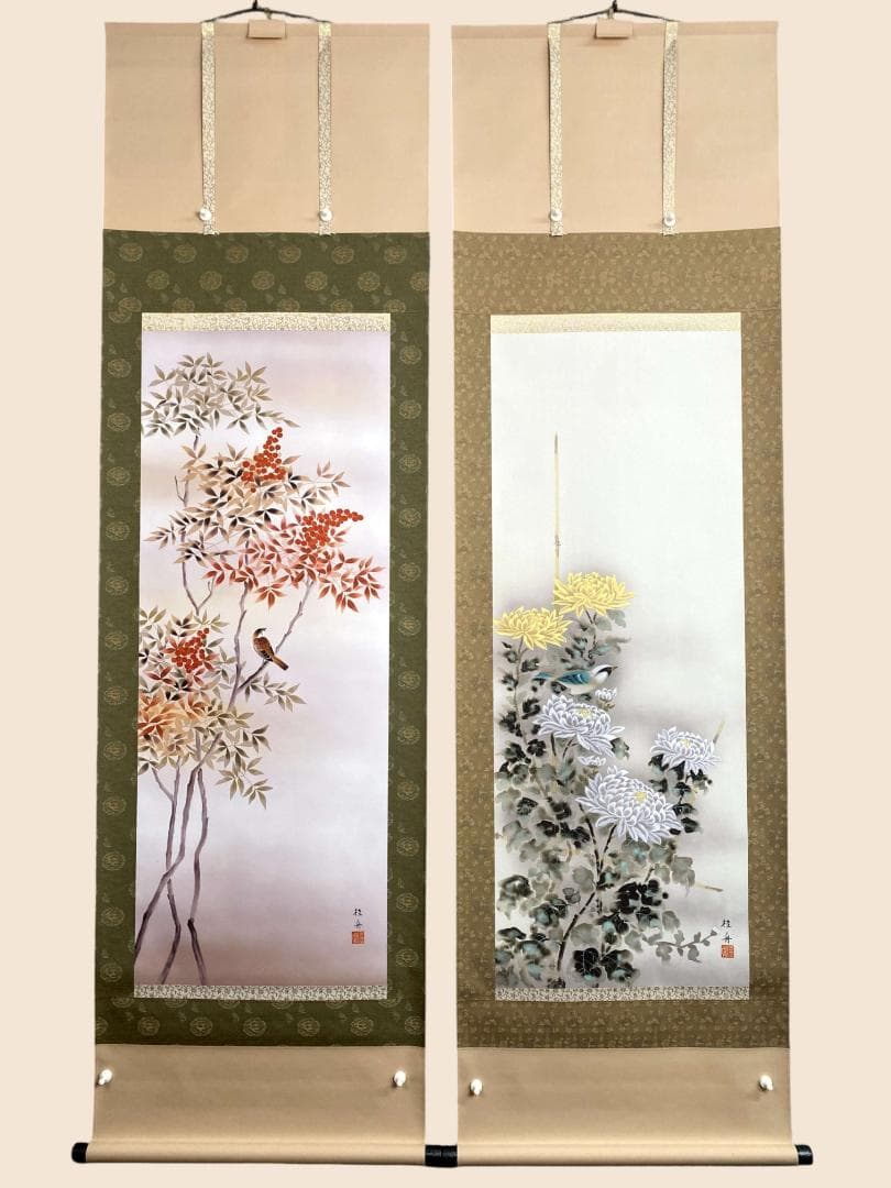 長江桂舟【印刷】『春夏秋冬』四幅対 絹本 共箱 花鳥図 高精細巧芸画 掛軸