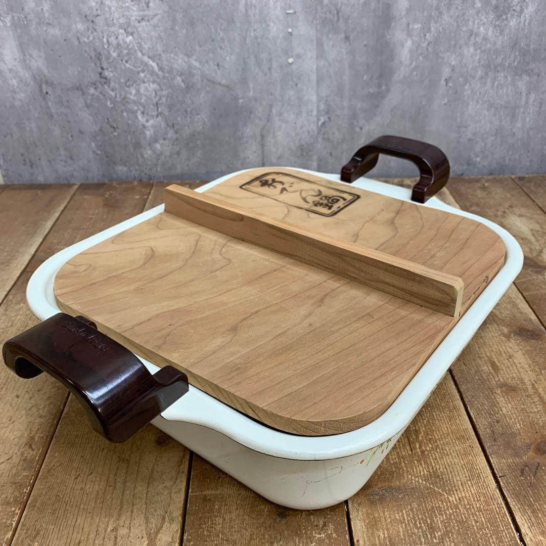 2F 【希少・昭和レトロ】サンコーウェア 花柄ホーロー おでん鍋（木蓋付き）