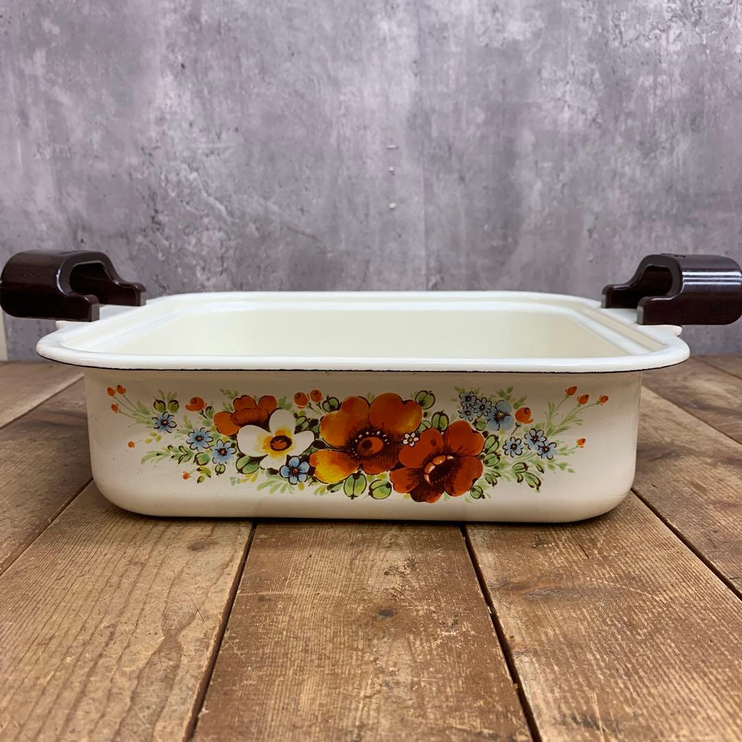 2F 【希少・昭和レトロ】サンコーウェア 花柄ホーロー おでん鍋（木蓋付き）