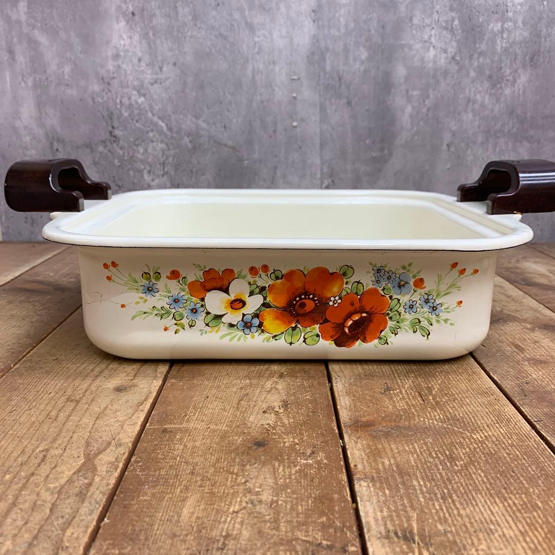 2F 【希少・昭和レトロ】サンコーウェア 花柄ホーロー おでん鍋（木蓋付き）