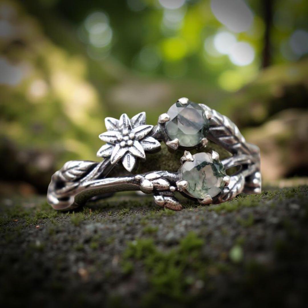 天然石リング、天然モスアゲート、シルバー925 指輪、植物モチーフ リング