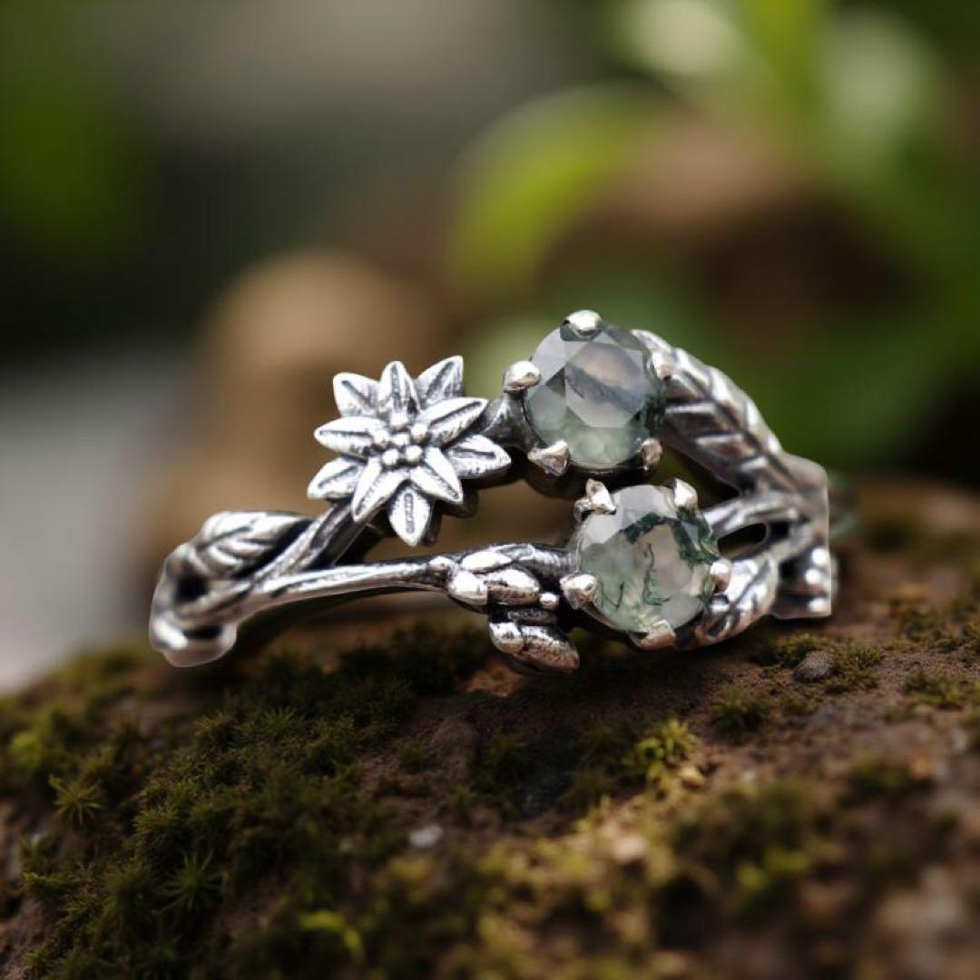 天然石リング、天然モスアゲート、シルバー925 指輪、植物モチーフ リング