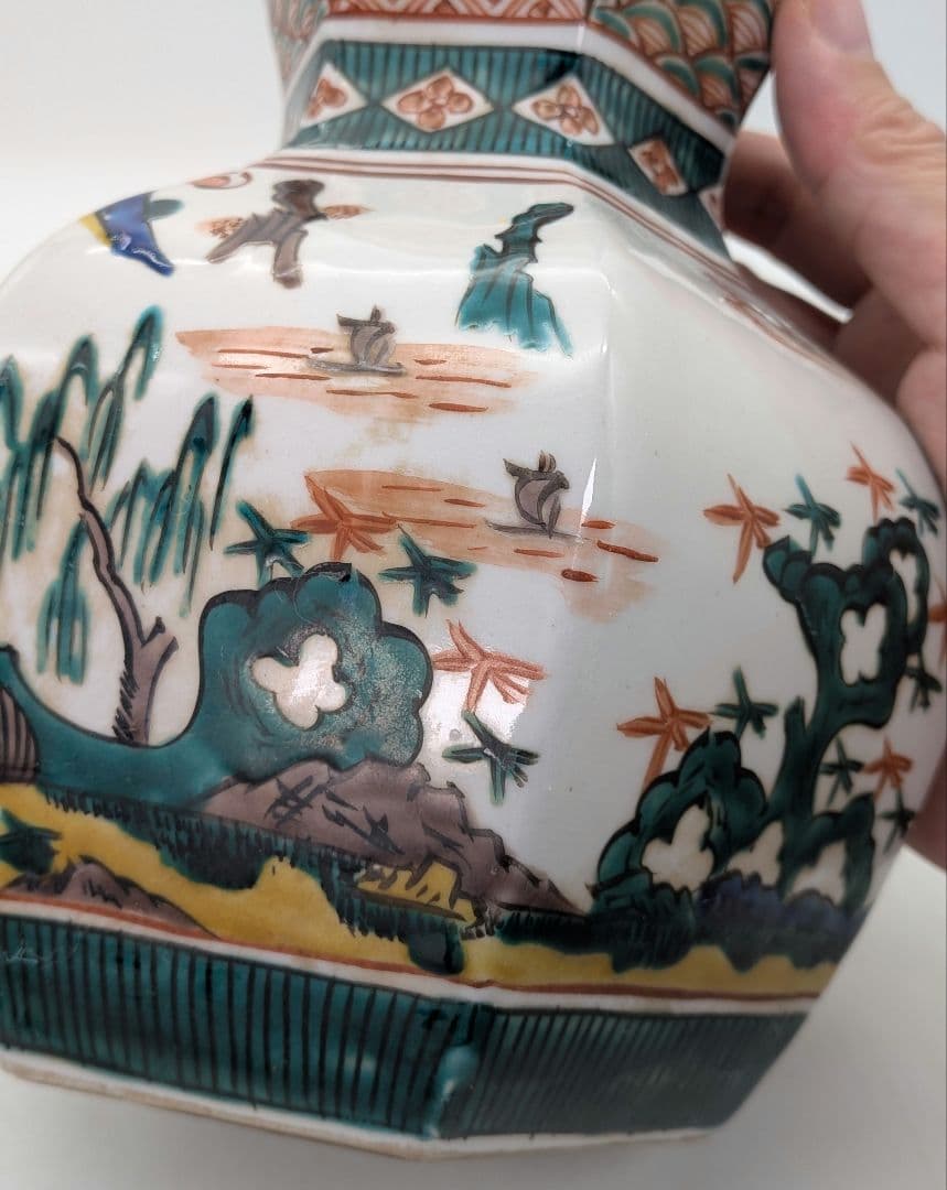 九谷焼 瓢花入 花器 フラワーベース 瓢箪型花瓶 花生 色絵付 山水図 置物