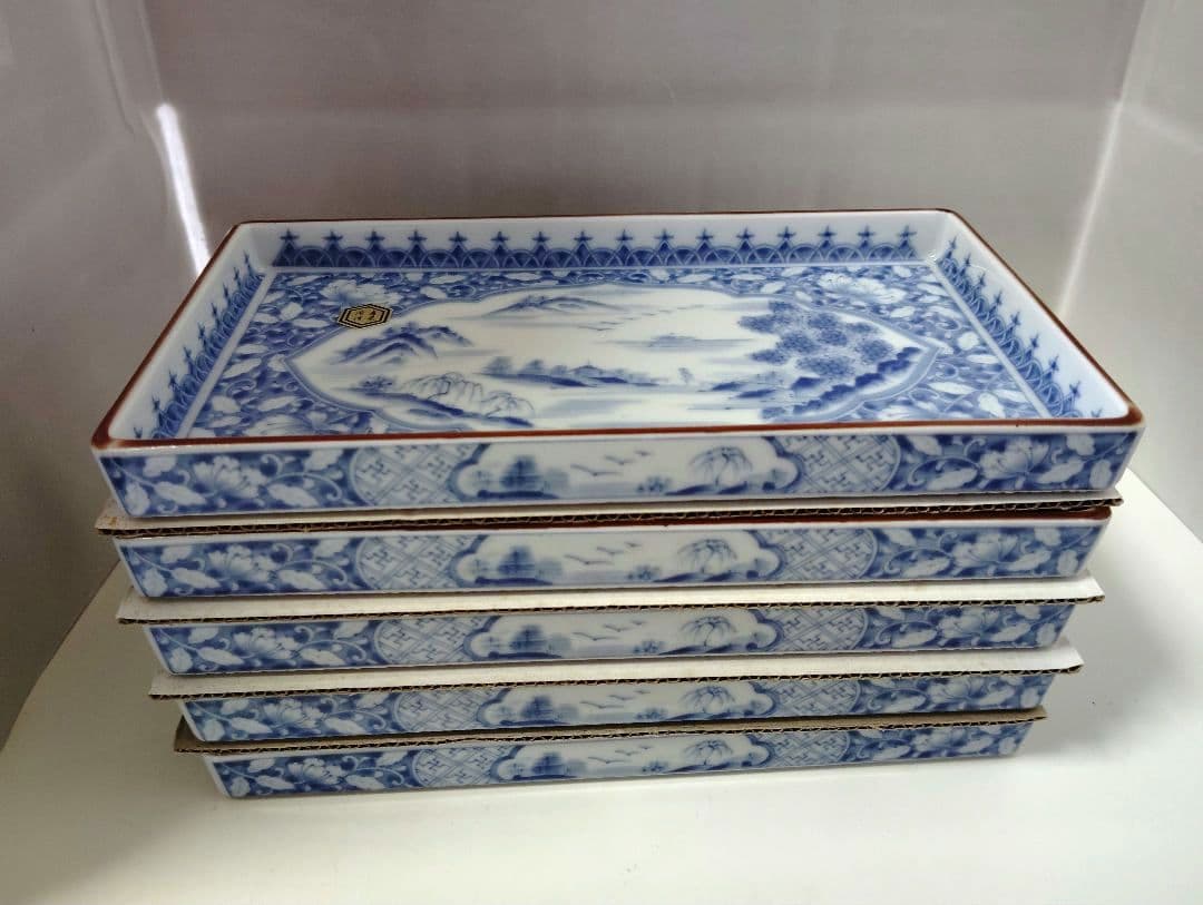 前畑陶器　美濃焼　極美品　庫山窯　染付間取山水　焼物皿　5枚