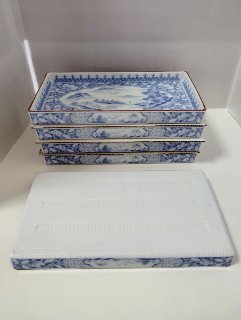 前畑陶器　美濃焼　極美品　庫山窯　染付間取山水　焼物皿　5枚