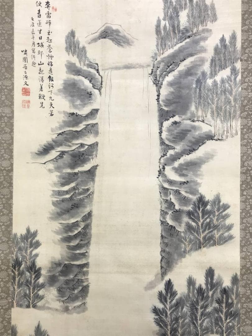 真作/嘯園/しょうえん/滝山水画賛/滝山水図/瀑布図/掛軸☆宝船☆AE-268