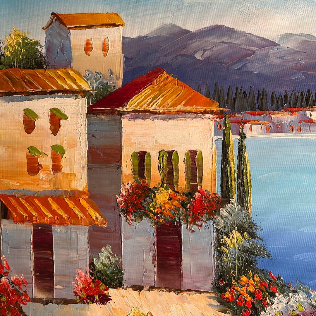 手書き油絵 地中海の風景 額付 肉筆絵画 インテリア 油彩画