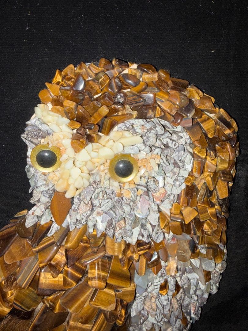 天然石画 フクロウ サイン入 タイガーアイ 縁起物 パワーストーン 宝石画