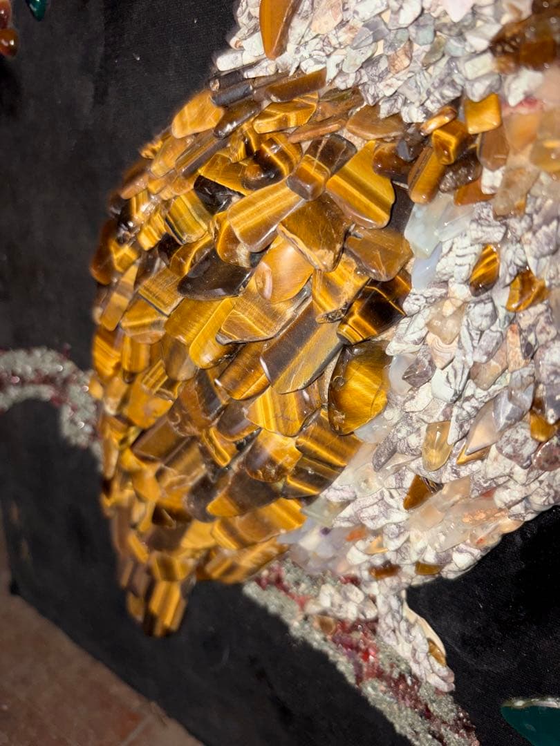 天然石画 フクロウ サイン入 タイガーアイ 縁起物 パワーストーン 宝石画