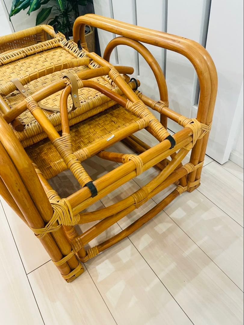 昭和レトロ ラタンリクライニングチェア オットマン付き 籐家具 1人掛けソファー