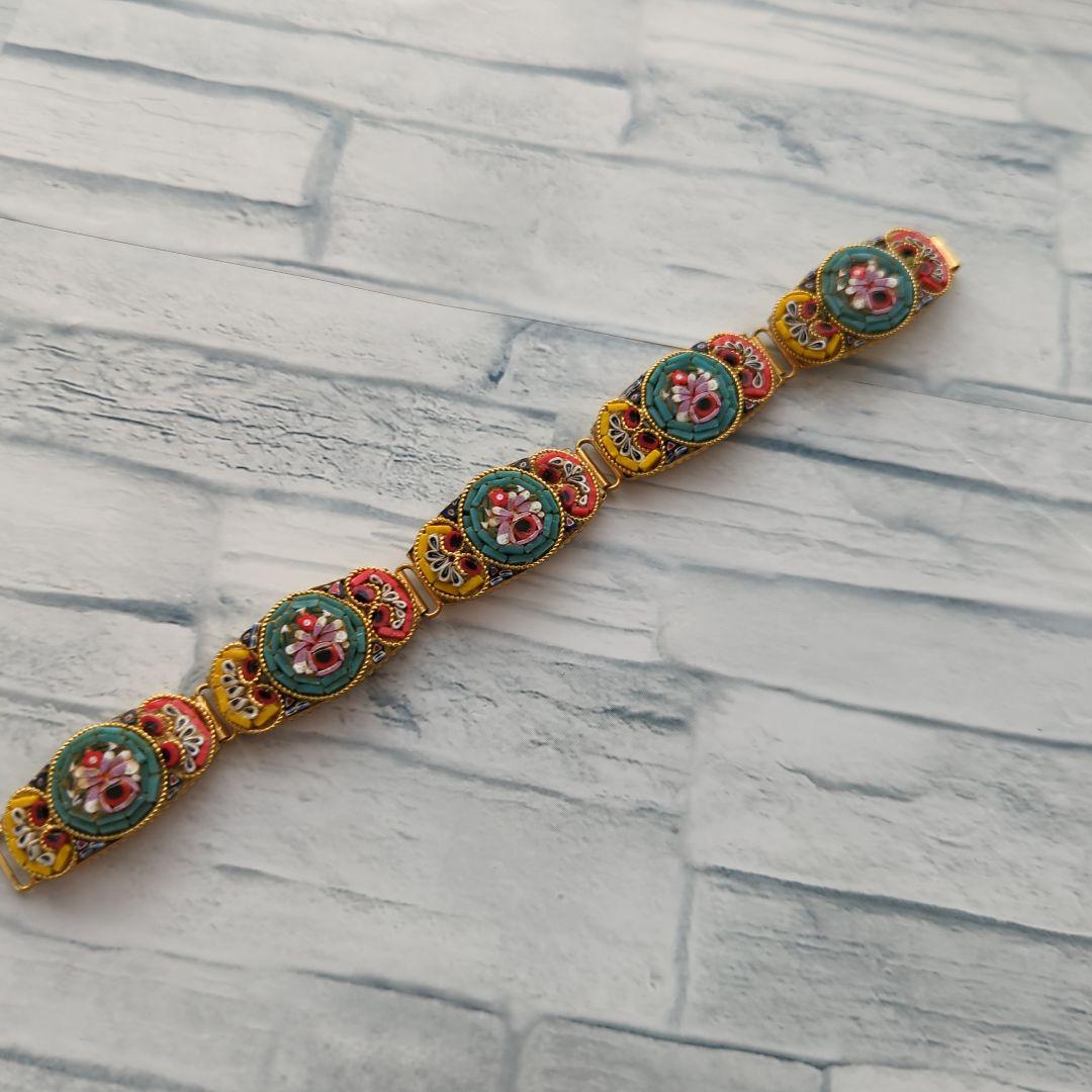 ヴィンテージ マイクロモザイクカラフル花模様ブレスレット