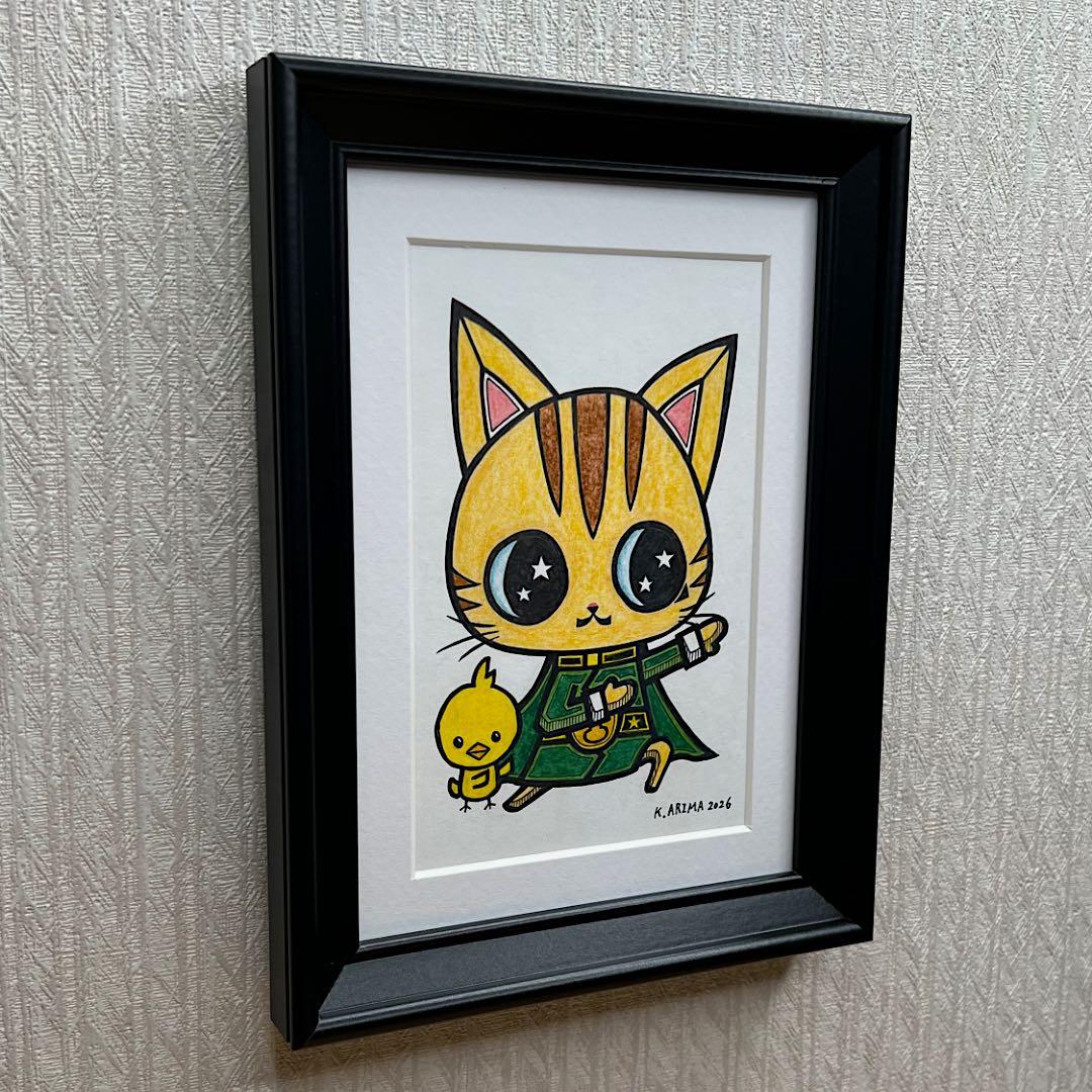 動物 原画 絵 手描き 癒し 猫 アート 一点物 額縁付『グリーン』