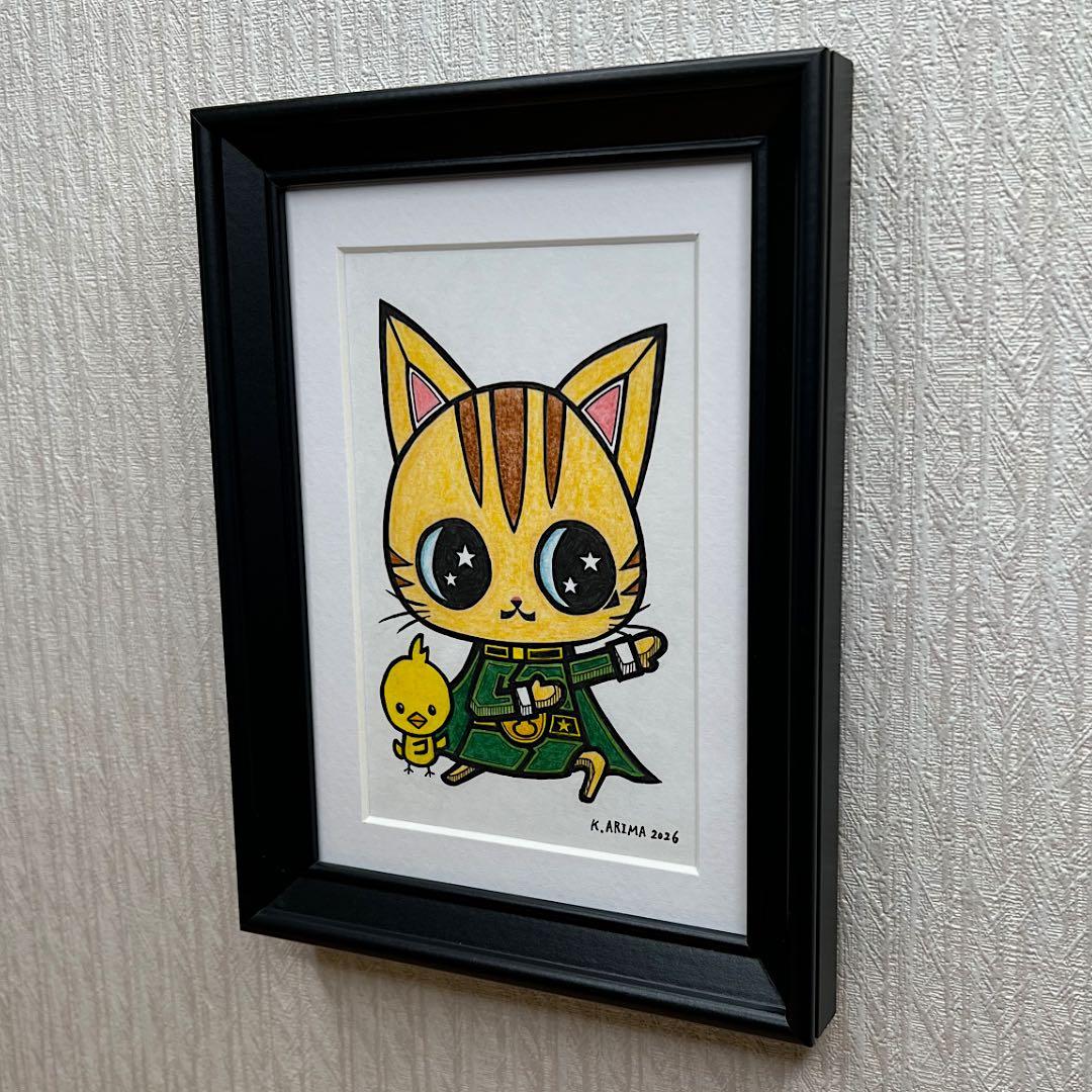 動物 原画 絵 手描き 癒し 猫 アート 一点物 額縁付『グリーン』