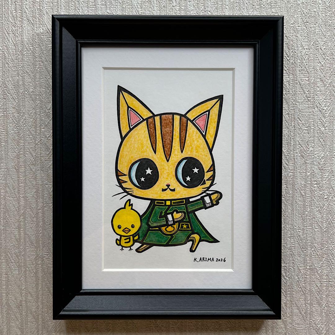 動物 原画 絵 手描き 癒し 猫 アート 一点物 額縁付『グリーン』