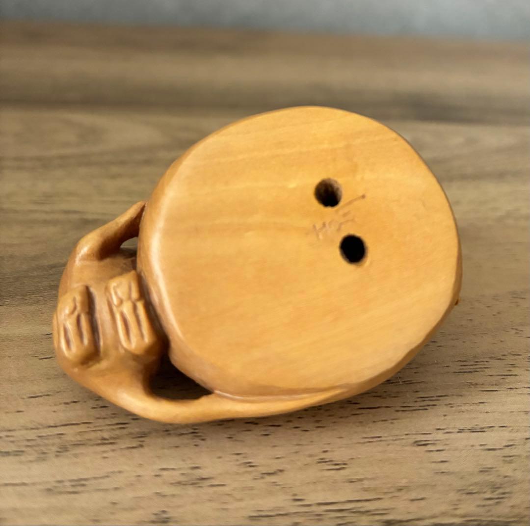 根付 吉川 鼠 二匹 饅頭型 木彫