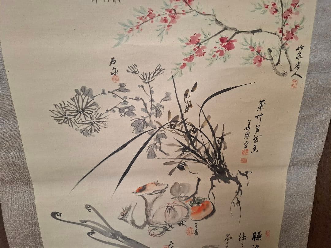 掛け軸　諸家合作花鳥錦繍之圖　桐箱