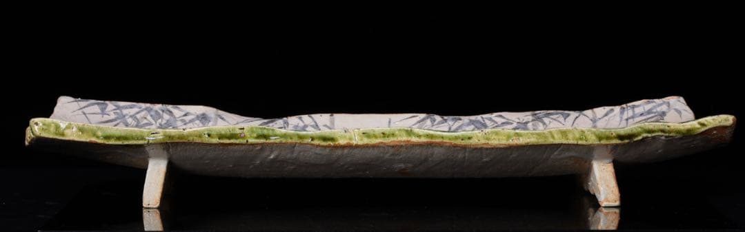 ミ*ク様 織部焼 『織部竹文 長方大皿』 在銘 共箱 作家物 大皿 角皿 足付