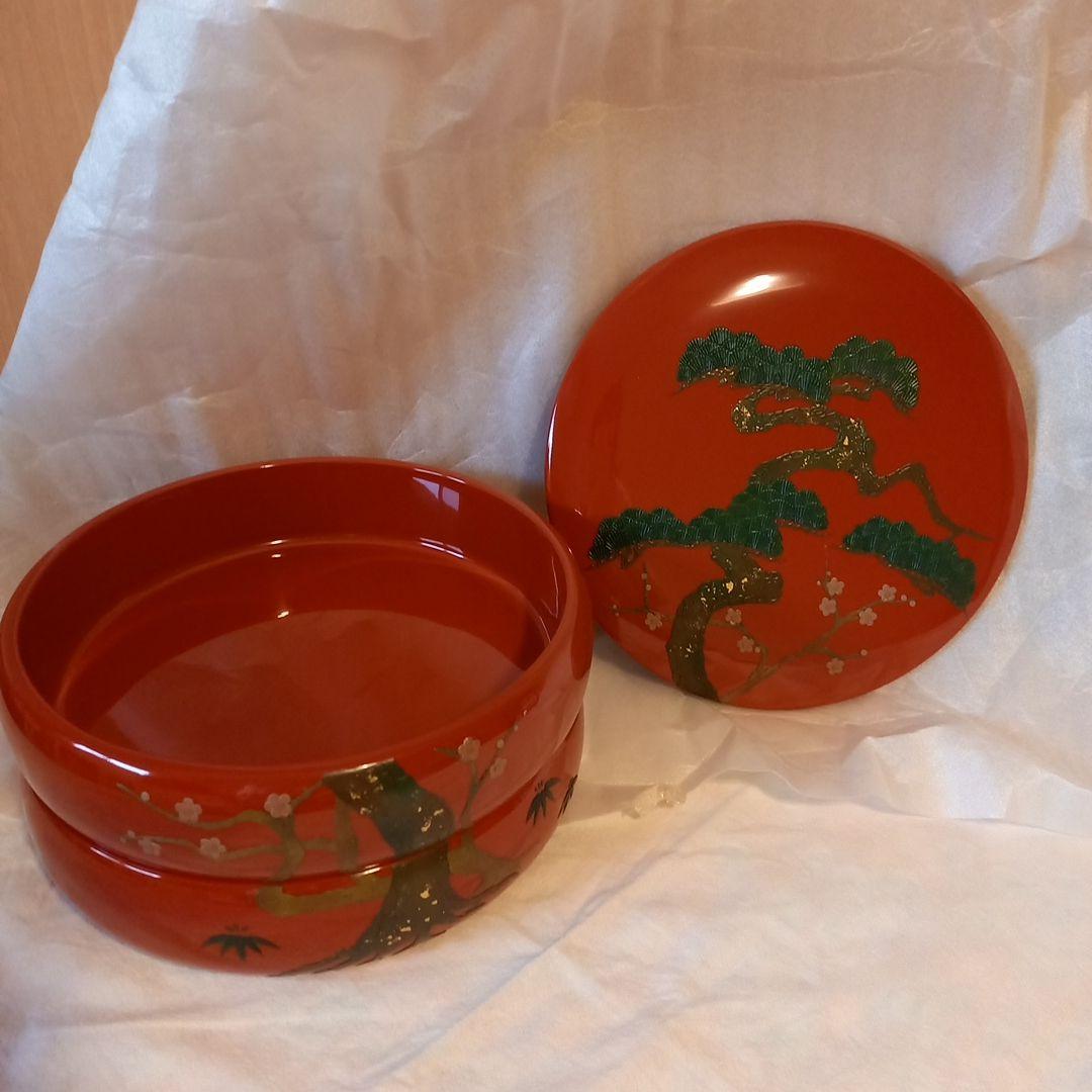 重箱/琉球漆器　丸型二段重箱(箱入り未使用品)　松竹梅
