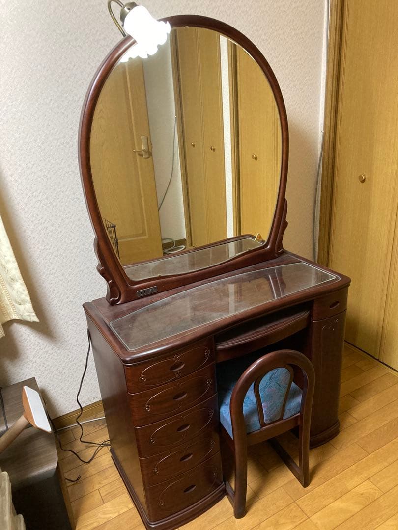 クラシック木製ドレッサー・鏡台・椅子・紫檀製・LEDライト付