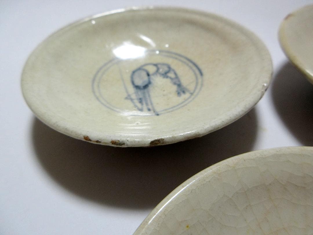 古曽部焼 染付海老文 小皿 3客揃 / 江戸～明治時代 手塩皿 平盃